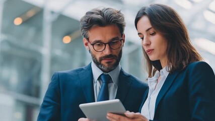Strategic Discussion: A focused business couple meticulously analyzes a digital tablet.