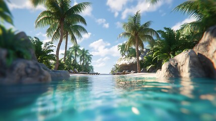 Obraz premium Tropical paradise river with palm trees and sunlight high resolution picture