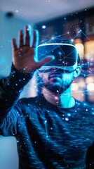 Man experiencing virtual reality with VR headset and digital interface, futuristic concept