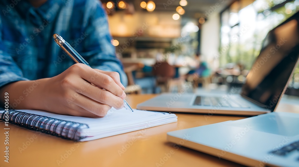 Poster person writing in a notebook while using laptops blurry cafe background with light adding to the amb