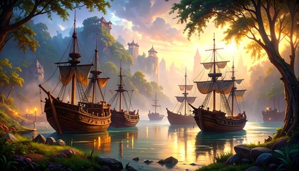 Obraz premium Fantasy Ships at Sunrise in a Majestic Coastal Setting.