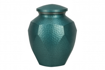 Textured teal ceramic cremation urn with hammered surface, presenting dignified memorial vessel against transparent backdrop
