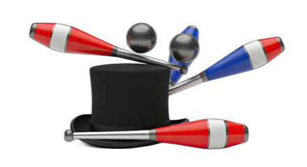 A still life of a black top hat with juggling clubs and silver balls on a black background