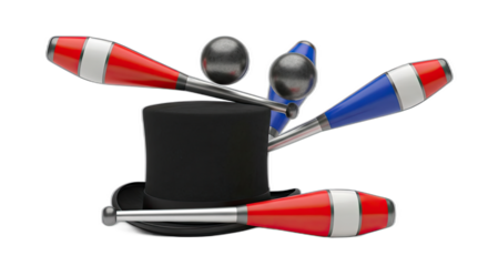 A still life of a black top hat with juggling clubs and silver balls on a black background