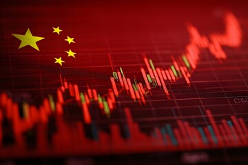A red stock market graph with the china flag in front of it, representing global economic trends and tech investors' financial news.