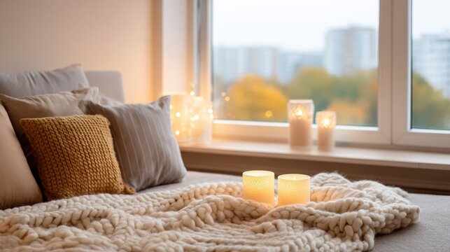 Cozy living room scene featuring soft blankets, decorative pillows, and glowing candles on a window sill, creating a warm and inviting atmosphere for relaxation and comfort