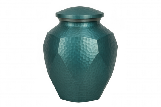 Textured teal ceramic cremation urn with hammered surface, presenting dignified memorial vessel against transparent backdrop - Powered by Adobe