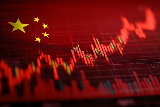 A red stock market graph with the china flag in front of it, representing global economic trends and tech investors' financial news. - Powered by Adobe
