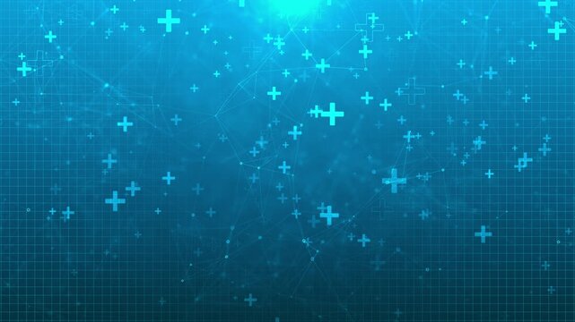 Floating plus signs dynamic medical technology grid. glowing blue symbols creates sense of futuristic connectivity, science communication, advanced interface, for design, digital health data - Powered by Adobe