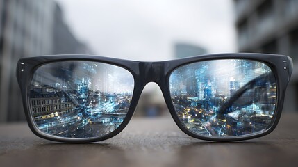 Cityscape refracted through spectacles blending urban reality with digital overlays for a futuristic perspective Visual technology
