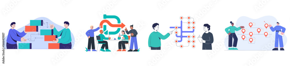Poster set of strategic planning vector illustrations, business team organizing workflow with kanban and fl