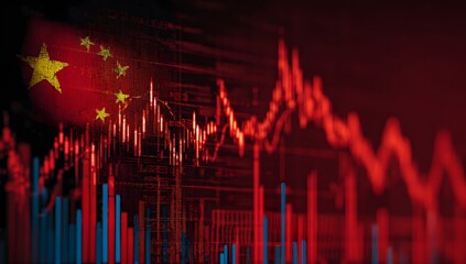 A red stock market graph with the china flag in front of it, representing global economic trends and tech investors' financial news.