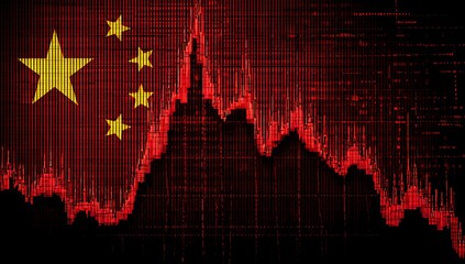 A red stock market graph with the china flag in front of it, representing global economic trends and tech investors' financial news.