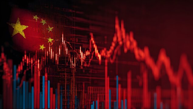 A red stock market graph with the china flag in front of it, representing global economic trends and tech investors' financial news.