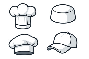 Chef hat vector set. Collection of cook caps for culinary professionals. Toque, baker, and kitchen staff headwear icon. Restaurant uniform element. Cartoon illustration.