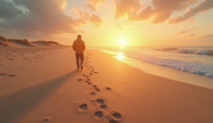 Footsteps leading across a sandy beach toward a glowing sunrise, captured in soft warm light. Evokes feelings of a journey, progress, and new beginnings.