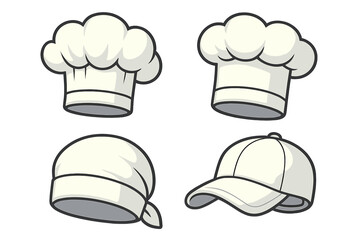 Chef hat collection vector set. Kitchen headwear with toque, baker bandana, and cook cap. Culinary professional uniform accessory for restaurant or bakery staff icon design.