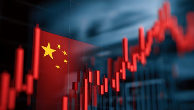A red stock market graph with the china flag in front of it, representing global economic trends and tech investors' financial news.