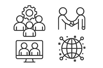 Set of business collaboration line icons. Teamwork, partnership, and global connectivity concepts. Online meeting, remote work, handshake deal, and management symbols. Vector.