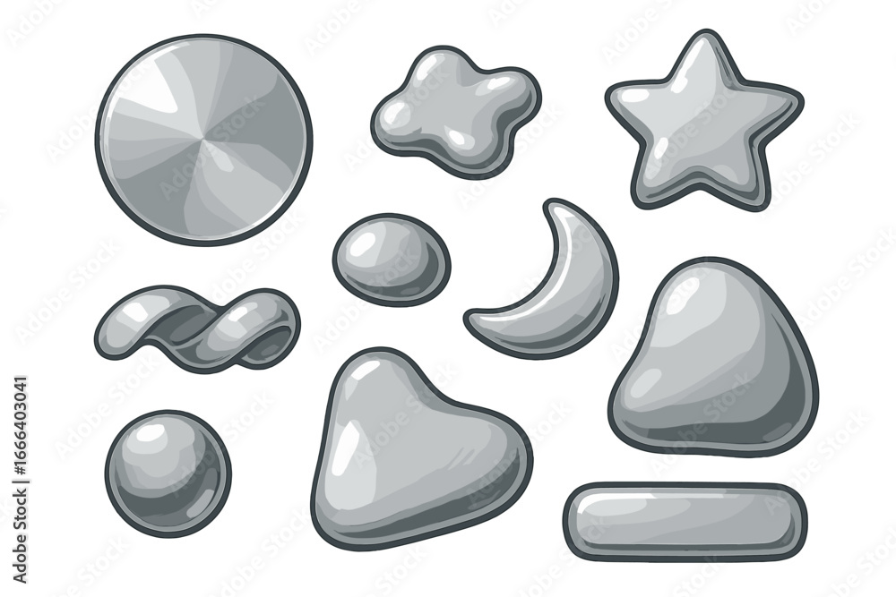 Poster vector set of glossy metallic shapes. silver chrome liquid metal forms. abstract 3d icons and button