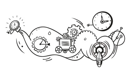 Steampunk inspired sketch featuring clocks, gears, a cart, and a lightbulb in black and white style