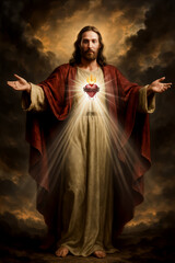 Naklejka premium Sacred Heart of Jesus: Christ’s Divine Love and Mercy Radiating Against the Glow of Darkened Clouds