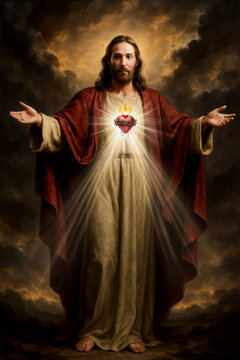 Sacred Heart of Jesus: Divine Love and Mercy Radiating Against Darkened Clouds