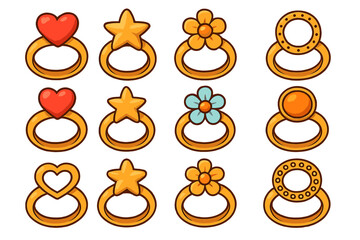 Cute cartoon ring icon set. Vector jewelry collection. Gold rings with heart, star, flower, gem. Princess treasure concept. Love symbol. Game asset, fantasy reward item.