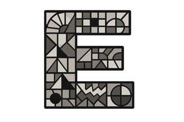 Letter E in monochrome mosaic style. Geometric pattern with abstract shapes. Decorative alphabet initial for modern design. Black and white stained glass vector effect.