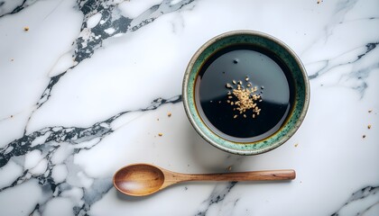 Bowl of dark soy sauce with a wooden spoon on a marble surface
