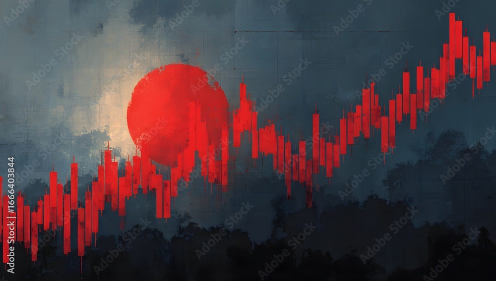 Poster a red stock market graph with the japanese flag in front of it, creating an iconic and powerful scen
