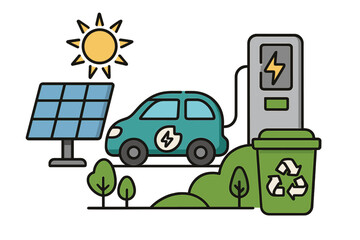 Sustainable energy solutions with electric vehicle charging and solar power. Green transport, renewable energy, and recycling concept for a clean environment. Modern vector cartoon.