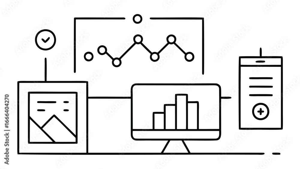 Aufkleber diagram illustrating data flow between devices with charts and graphs displayed online clearly shown