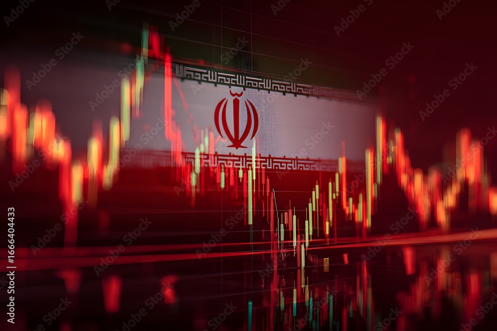 Poster a red stock market graph with the iran flag in front of it, creating an iconic and powerful scene,
