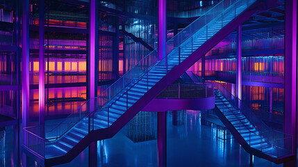 Illuminated Stairs in an Urban Space, Modern Architecture, Nighttime Aesthetic