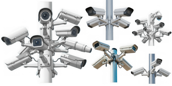 Multiple security cameras mounted on poles for surveillance