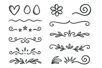 Hand-drawn doodle sketch element set. Collection of decorative dividers, borders, flourishes, ornaments. Heart, flower, stars. Vector graphic design for text decoration.