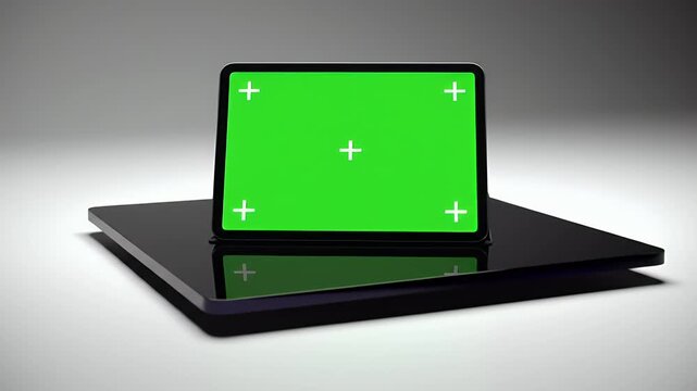 Modern Black Tablet with Green Screen Display Standing on Closed Laptop, Perfect for Digital Content Mockup or Template on a Clean Studio Background