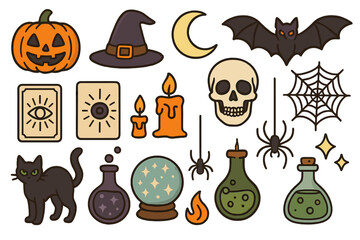 Vector set of Halloween magic and witchcraft elements. Spooky icons with pumpkin, black cat, bat, skull, witch hat, potion, crystal ball, tarot cards, and spider web.