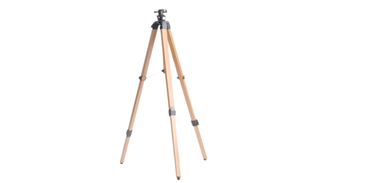 wooden camera tripod stand isolated on white background, professional studio product photo, realistic, clean sharp details, modern photography equipment, minimalistic design, on transparent background