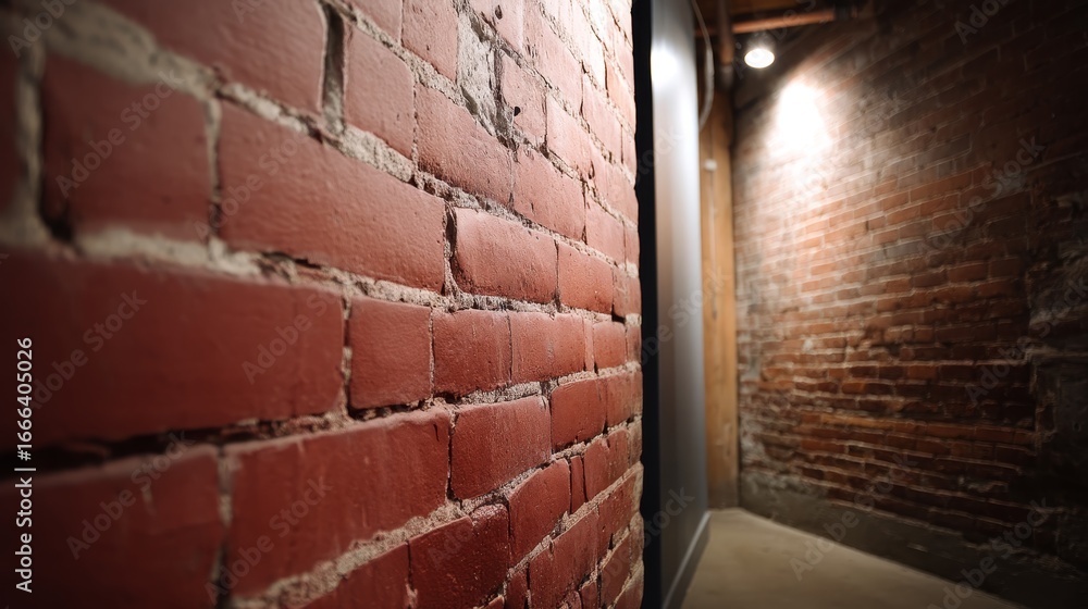 Poster weathered red brick wall with varied textures and mortar lines in an industrial setting, illuminated