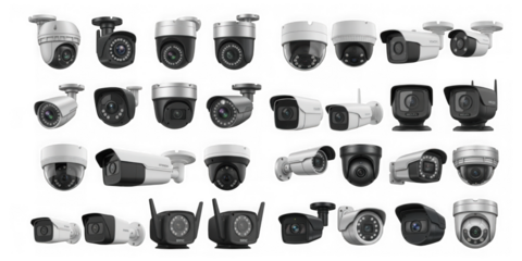 Collection of various security cameras on a black background
