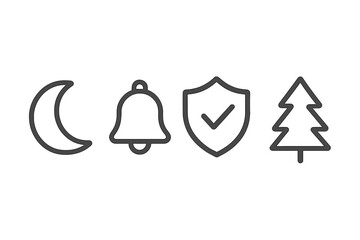 Minimalist line icons set. Crescent moon for night, notification bell for alert, security shield for protection, and pine tree for nature. Vector symbols for web UI design.