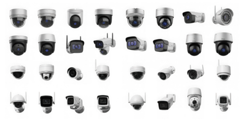 Collection of various security cameras on a black background