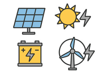 Renewable energy icon set with solar panel, wind turbine, and battery storage. Vector cartoon illustration of green power generation. Sustainable electricity technology symbols.