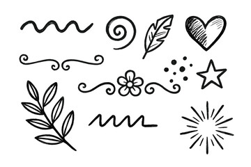 Hand drawn doodle elements set. Black and white sketch collection with heart, star, flower, feather, and leaves. Scribble dividers, swirls, and sparkles for decoration. Vector.