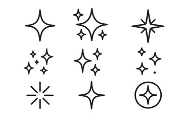 Sparkle icon set. Shine, star, twinkle symbols. Clean and fresh concept. Magic glitter light effect. Minimalist line art. Vector graphic elements for design project.
