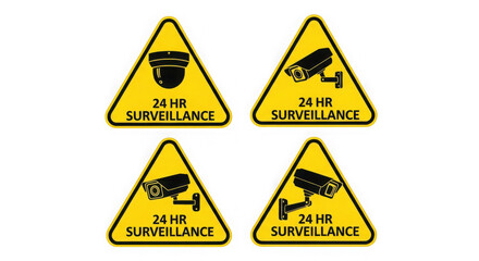 Four yellow warning signs indicating 24 hour surveillance