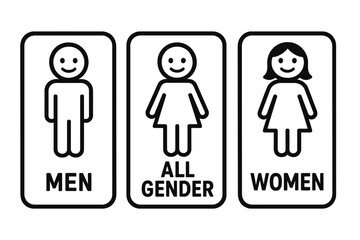 Set of restroom signs for men, women, and all gender. Inclusive public toilet symbols. Vector icon collection for gender neutral facilities. Man, woman, unisex pictogram.