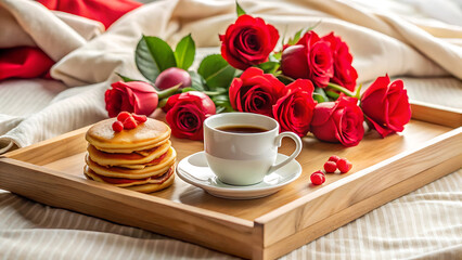 Romantic valentines day breakfast in bed tray with croissant coffee and roses love celebration